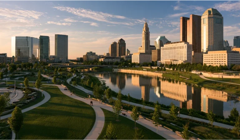 Downtown Columbus skyline overlooking the Scioto River and riverfront green spaces.