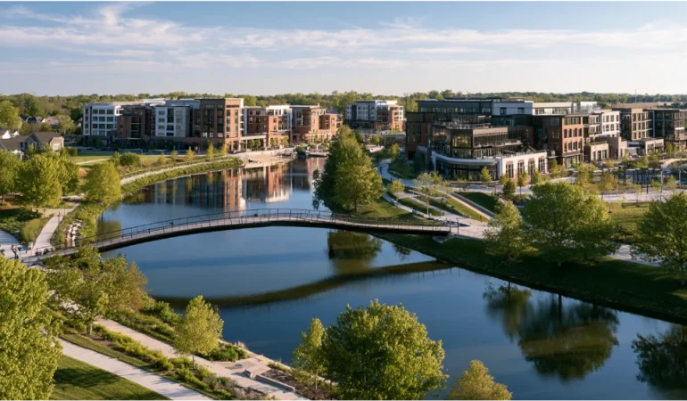 Dublin, Ohio, featuring the Scioto River, Dublin Link pedestrian bridge, modern Bridge Park buildings, and green riverside spaces.