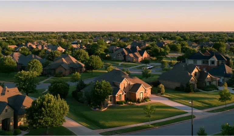 Edmond, Oklahoma, showing a suburban residential neighborhood with tree-lined streets, family homes, and the open Oklahoma sky.