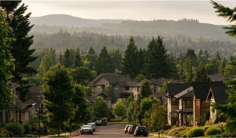 A view of Hillsboro, Oregon, with suburban neighborhoods, mature evergreen trees, and the green landscape of the Portland metropolitan area.
