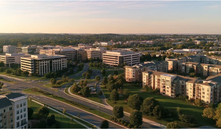 King of Prussia, Pennsylvania, with modern commercial buildings, landscaped roads, residential development, and green spaces near Valley Forge.