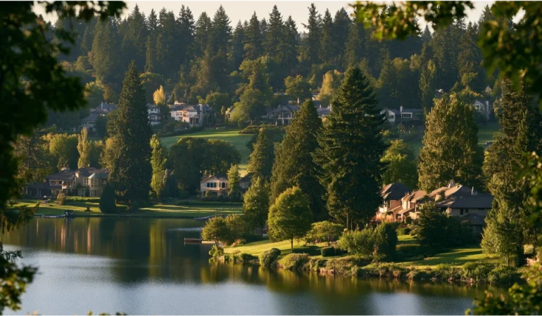 Lake Oswego, Oregon, with wooded residential neighborhoods, a peaceful lake, landscaped parks, and green hills near Portland.