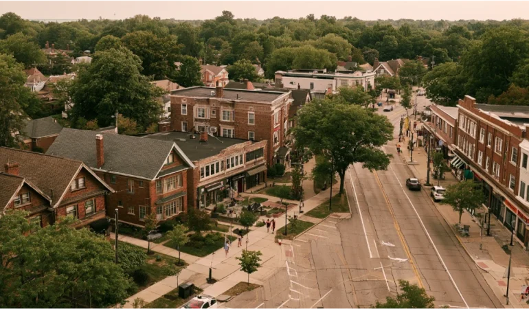 Walkable Lakewood, Ohio neighborhood featuring historic homes, local shops, tree-lined streets, and the nearby Lake Erie waterfront.