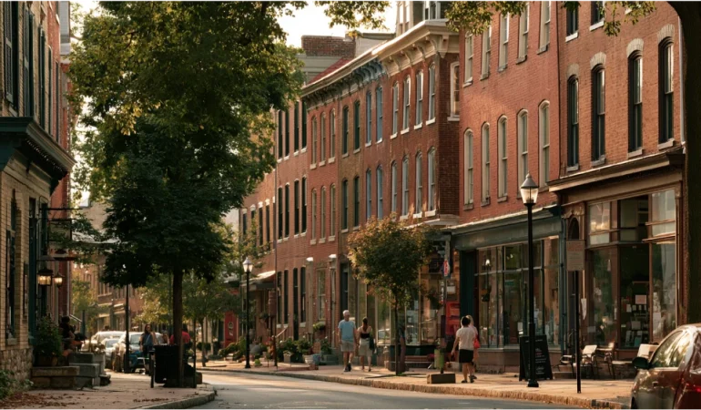 A realistic view of Lancaster, Pennsylvania, featuring historic downtown buildings, tree-lined streets, and the surrounding countryside.