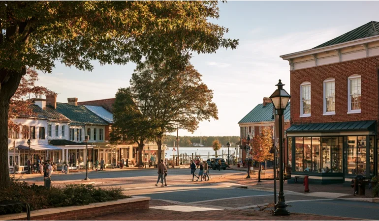 Historic Leonardtown Maryland with walkable downtown streets, local residents, and waterfront scenery near Breton Bay.