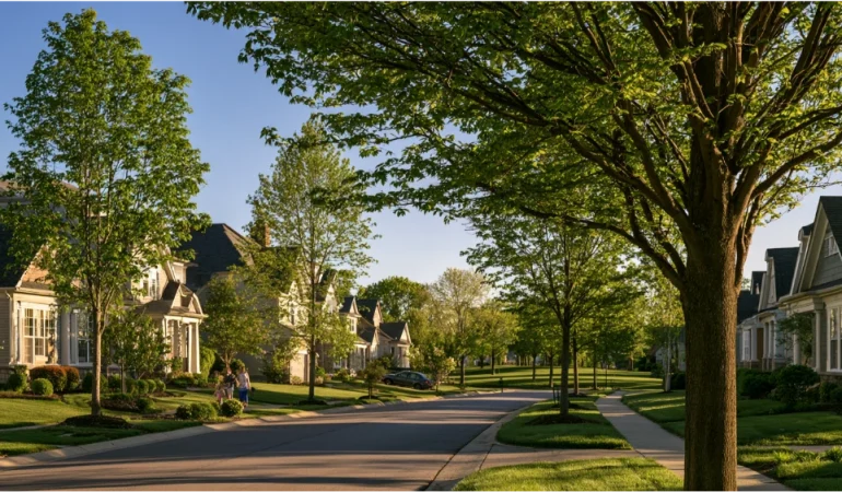 Mason, Ohio suburban community featuring modern family homes, tree-lined streets, green spaces, and well-maintained residential neighborhoods near Cincinnati.