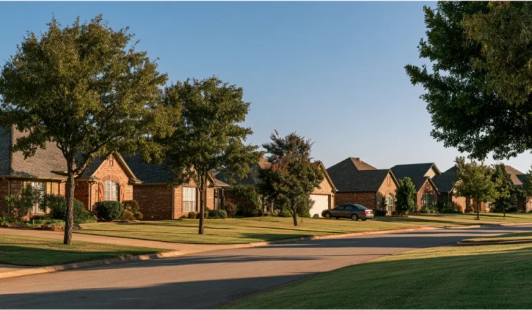 Suburban homes and quiet residential streets in Moore, Oklahoma, representing the city's family-friendly neighborhoods and suburban lifestyle.