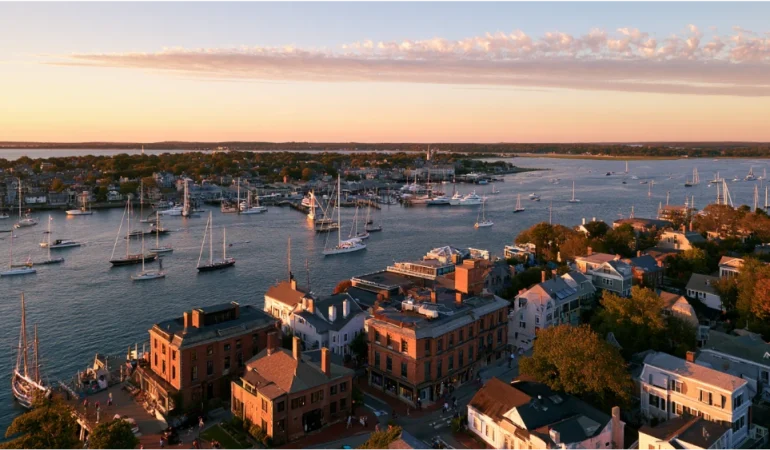 Historic waterfront buildings, sailboats, and coastal scenery in Newport, Rhode Island, highlighting the city's historic character and seaside lifestyle.