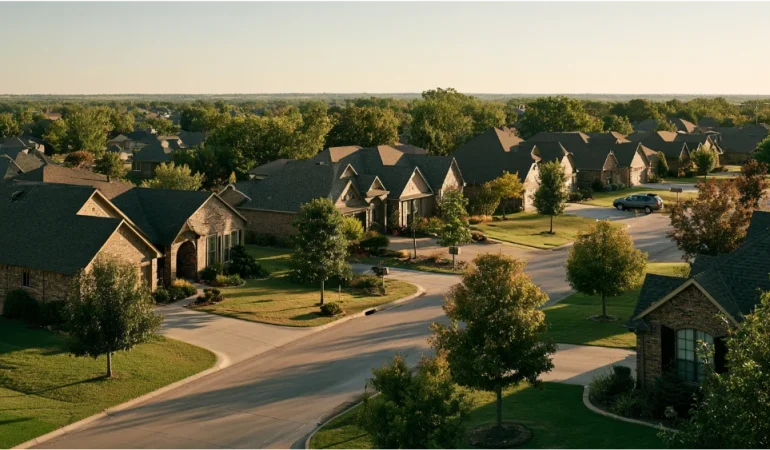 Suburban homes and tree-lined residential streets in Owasso, Oklahoma, reflecting the community's growing housing market and family-oriented lifestyle.
