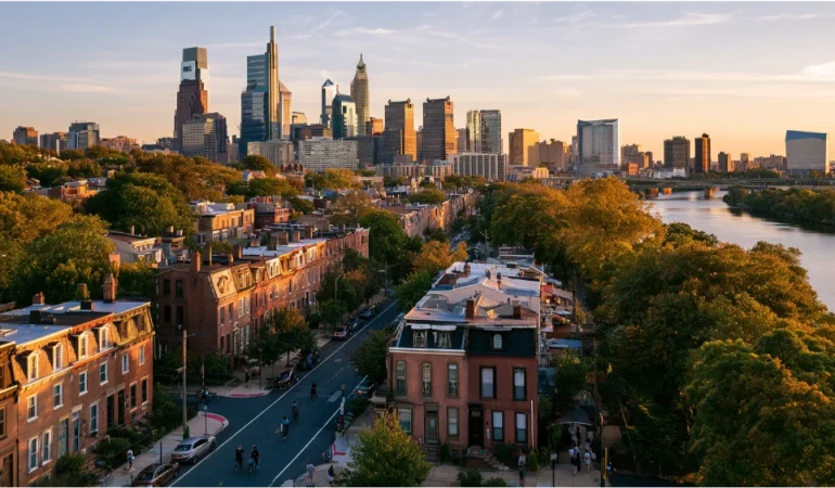 Philadelphia, Pennsylvania, skyline with historic city buildings, Center City streets, green urban spaces, and the Schuylkill River.