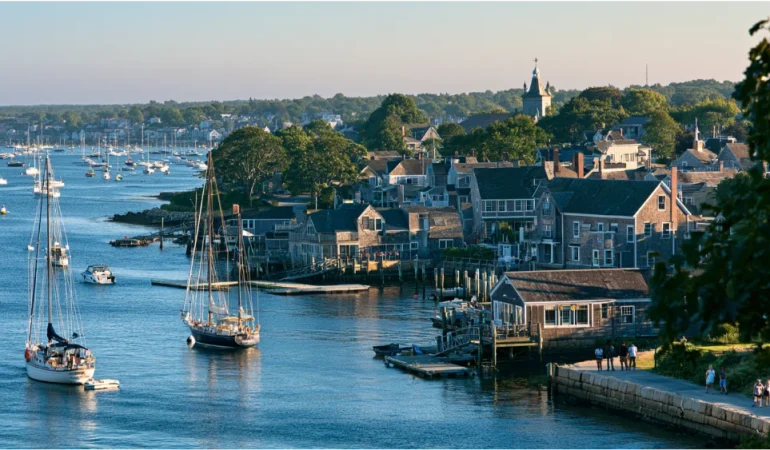Plymouth Massachusetts waterfront and historic town center with coastal New England character