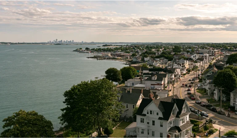 Quincy Massachusetts waterfront cityscape with Boston Harbor, residential neighborhoods, and urban coastal character