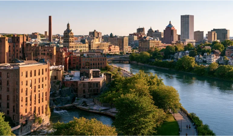 Rochester, New York, with the Genesee River, downtown skyline, historic buildings, and leafy neighborhoods on a clear summer day.