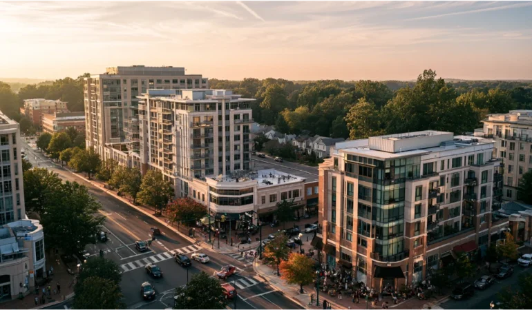 Rockville, Maryland streetscape with downtown buildings, pedestrians, mature trees, and suburban surroundings