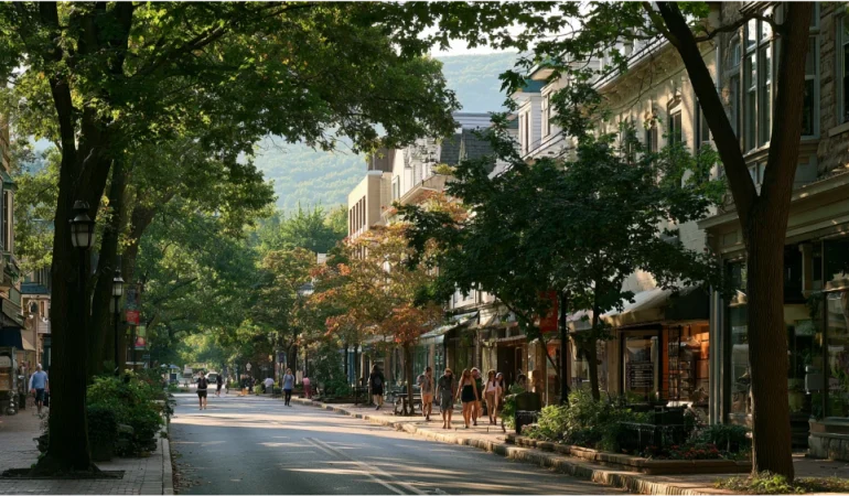 State College, Pennsylvania, downtown streets near Penn State University with leafy trees, local businesses, and a welcoming college-town atmosphere.