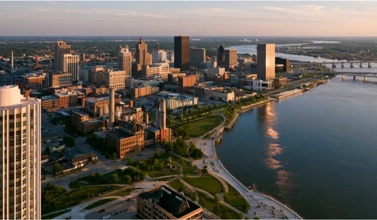 Toledo, Ohio skyline along the Maumee River with downtown buildings, riverfront parks, and bridges in Northwest Ohio.