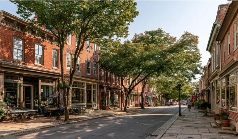 Historic downtown West Chester, Pennsylvania, with brick storefronts, traditional architecture, tree-lined streets, and pedestrians exploring the borough.