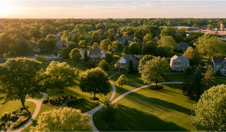 Westerville, Ohio, featuring a suburban neighborhood, leafy streets, and green parkland near the Columbus metropolitan area.