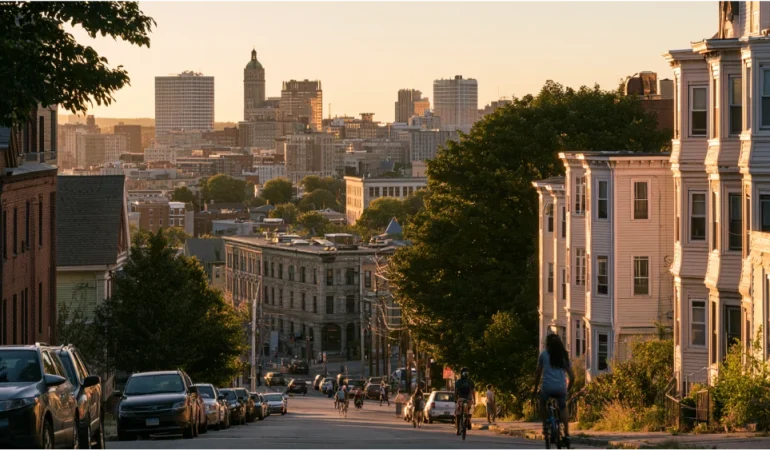 Worcester Massachusetts skyline and neighborhoods with historic homes and everyday city activity