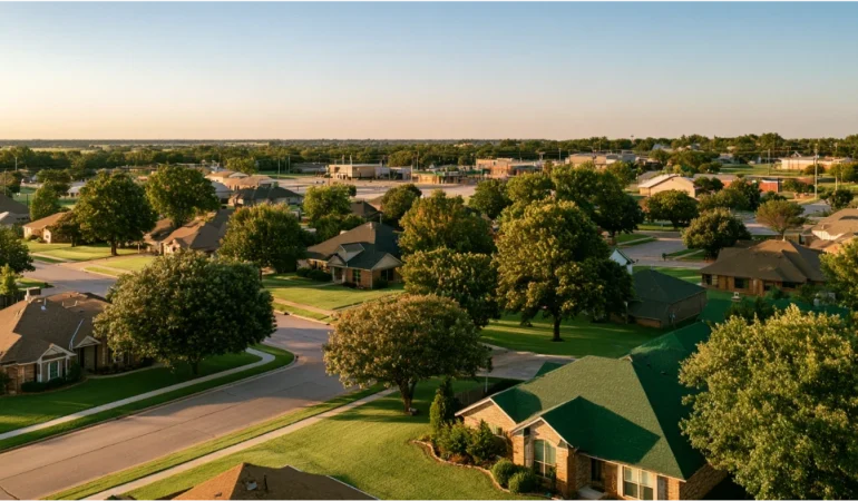 A welcoming suburban view of Yukon, Oklahoma, featuring residential homes, tree-lined streets, green spaces, and the relaxed atmosphere of a growing Oklahoma City suburb.