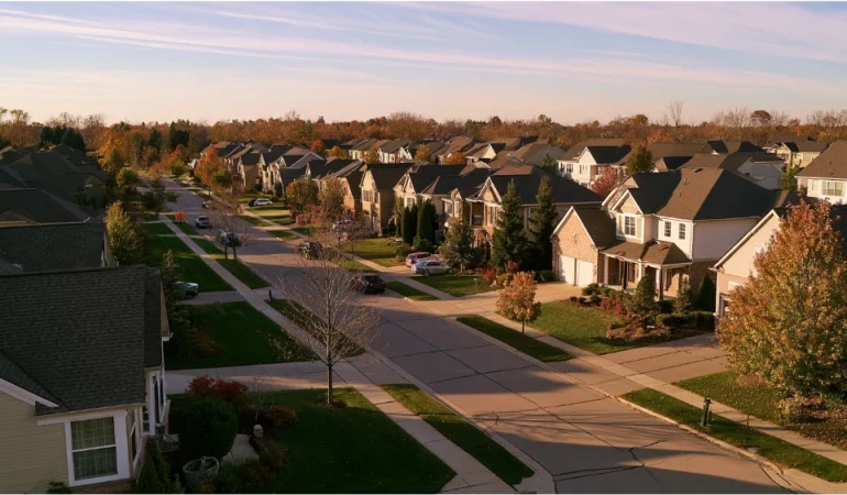 Novi Michigan suburban landscape with residential neighborhoods, commercial corridors, parks, and highways