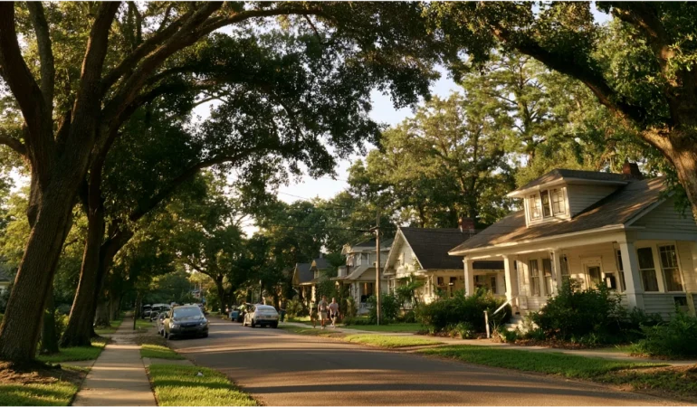 Ocean Springs Mississippi coastal neighborhood with homes, trees, and everyday community life