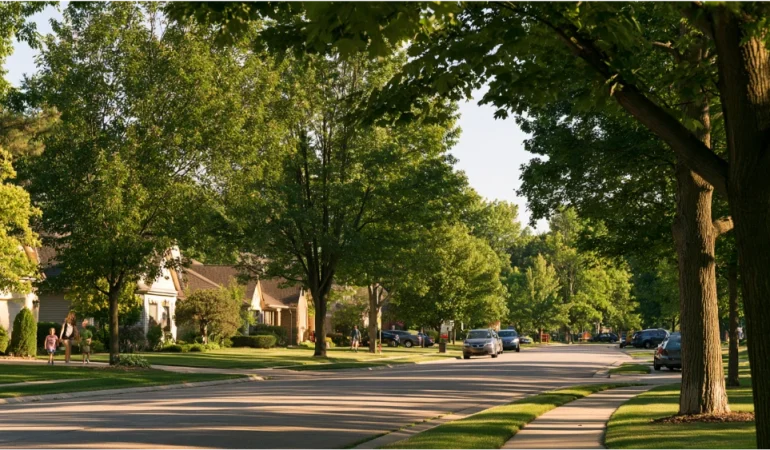 A realistic view of Okemos, Michigan showing suburban neighborhoods, shopping corridors, mature trees, and everyday community life.