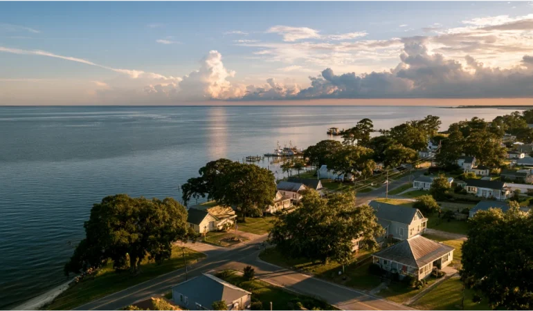 Pass Christian, Mississippi Gulf Coast community with oak-lined streets, harbor, beachfront homes, and local residents