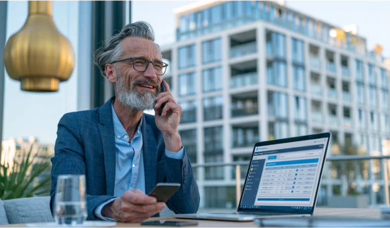 Professional property manager communicating with tenants using a laptop and smartphone in a modern apartment office.