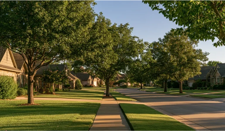 A peaceful residential neighborhood in Jenks, Oklahoma, with detached family homes, green lawns, mature trees, and quiet suburban streets.