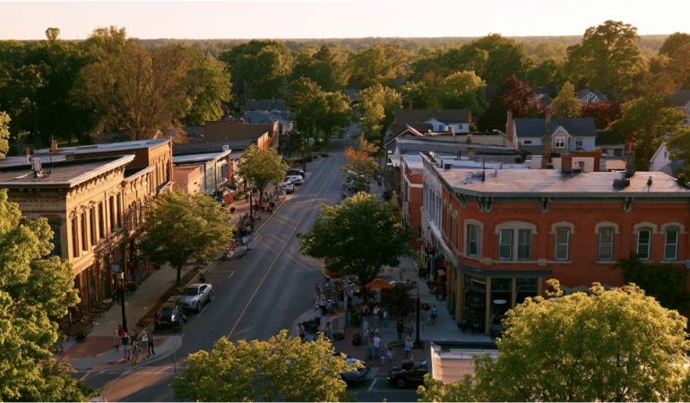 A realistic view of Saline, Michigan showing its historic downtown, tree-lined streets, nearby residential neighborhoods, and everyday community life.