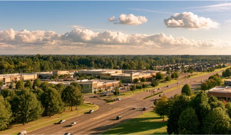 Southaven Mississippi suburban city with busy commercial corridors, modern neighborhoods, and Memphis-area character