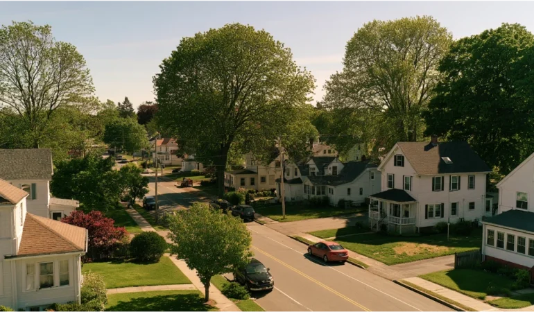A quiet Cumberland, Rhode Island, neighborhood with traditional New England homes, leafy streets, and a peaceful suburban setting.