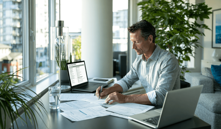 Landlord reviewing a tenant application with rental documents, credit report, and laptop before approving a tenant.