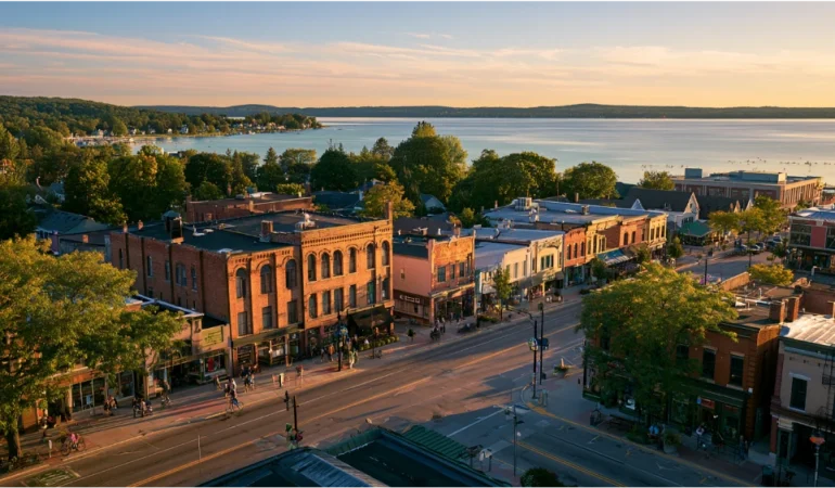 Traverse City Michigan bayfront, downtown streets, neighborhoods, and outdoor landscape