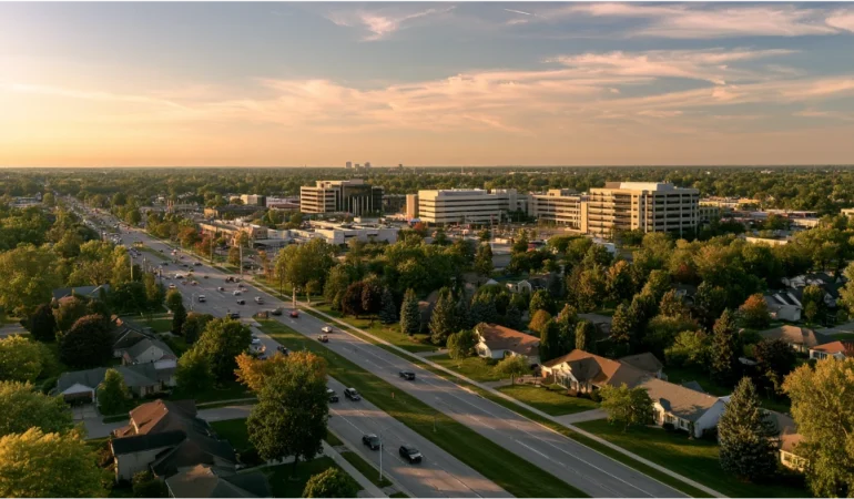 Troy Michigan suburban streets, shopping corridors, parks, and Metro Detroit surroundings