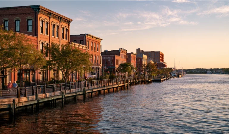 Wilmington, North Carolina, waterfront with historic downtown buildings along the Cape Fear River and coastal trees under a bright Carolina sky.