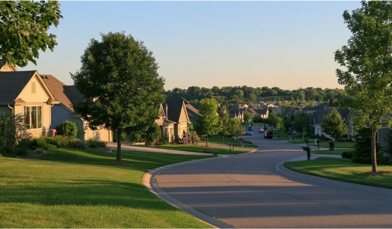 A realistic view of Woodbury, Minnesota showing suburban neighborhoods, mature trees, local roads, parks, and everyday community life.
